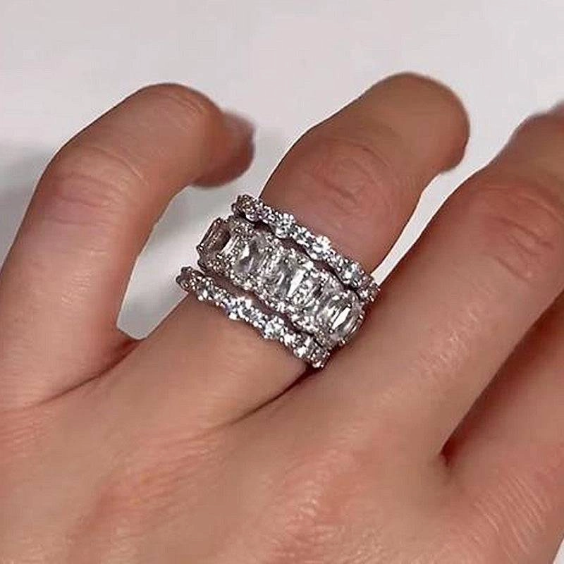 Trendy Fit Louily Attractive Cushion Cut 3PC Wedding Band Set For Women In Sterling Silver