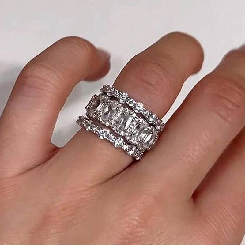 Louily Attractive Cushion Cut 3PC Wedding Band Set For Women In Sterling Silver Layered Detail