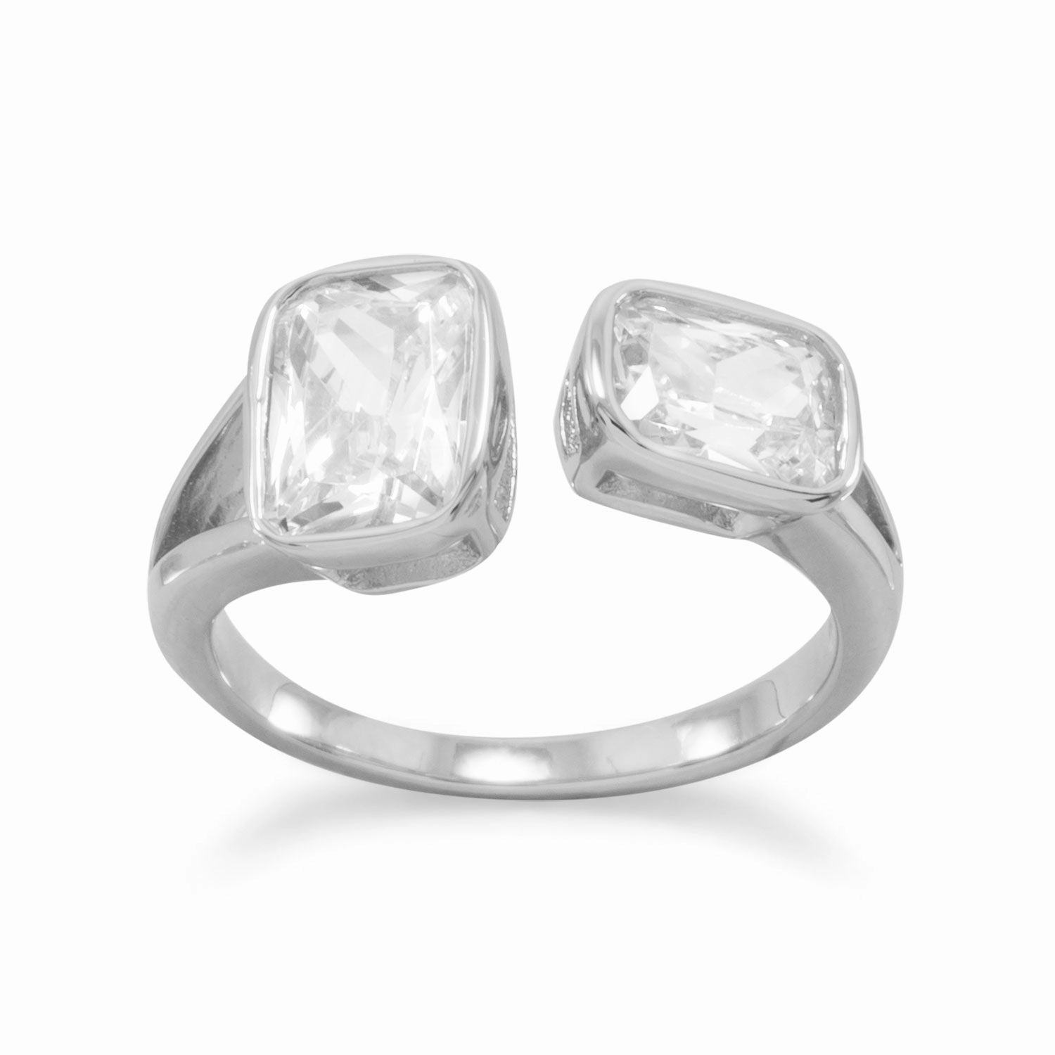 Split Two-stone Rectangle Cubic Zirconia Ring Rhodium on Sterling Silver Fine Design Organic form