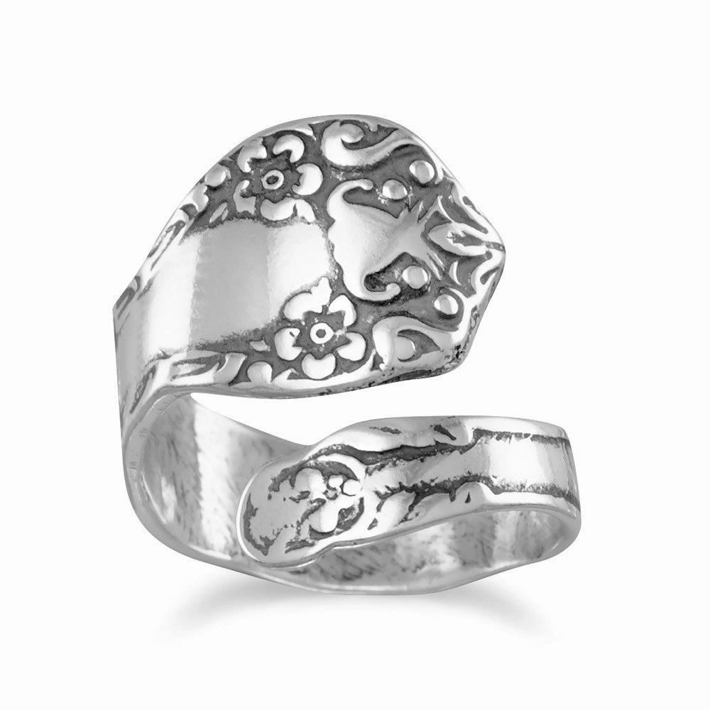 Distinctive Accessory Spoon Ring Oxidized Sterling Silver Floral Design