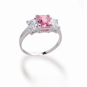 Economical Object Chic Finish Square Pink and Clear Cubic Zirconia Ring Rhodium-plated Sterling Silver, size 9
