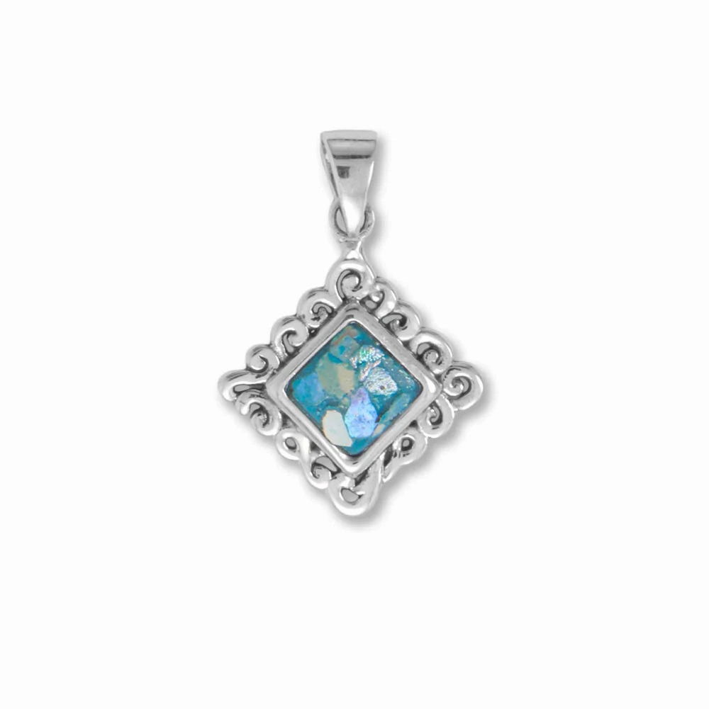 Square Small Roman Glass Swirl Edge Pendant Sterling Silver, Pendant Only Impressive Finish Personal Shine
