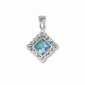 Square Small Roman Glass Swirl Edge Pendant Sterling Silver, Pendant Only Impressive Finish Personal Shine