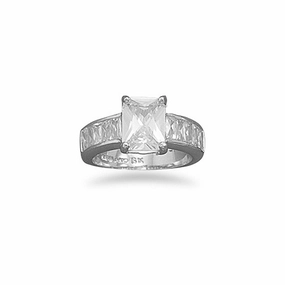 Rectangle Cut Cubic Zirconia Solitaire Ring with Baguette Side Accents Rhodium on Sterling Silver Elegant Balance