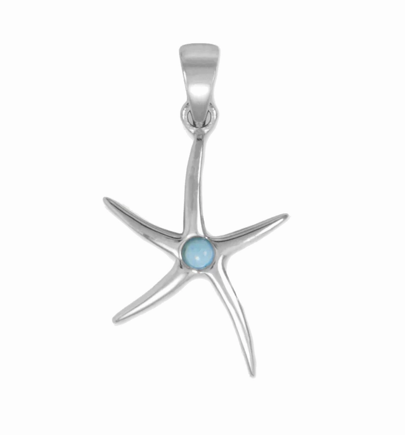 Starfish Pendant with Larimar Accent Center Rhodium on Sterling Silver - Nontarnish, Pendant Only Clear Finish