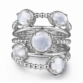 925 Sterling Silver Rock Crystal and White Mother of Pearl Statement Bubble Ring Accent Style Trendy Look