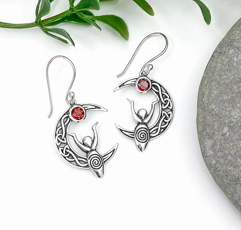 Sterling Celtic Goddess Earrings With Garnet Engagement Accent Dainty Detail