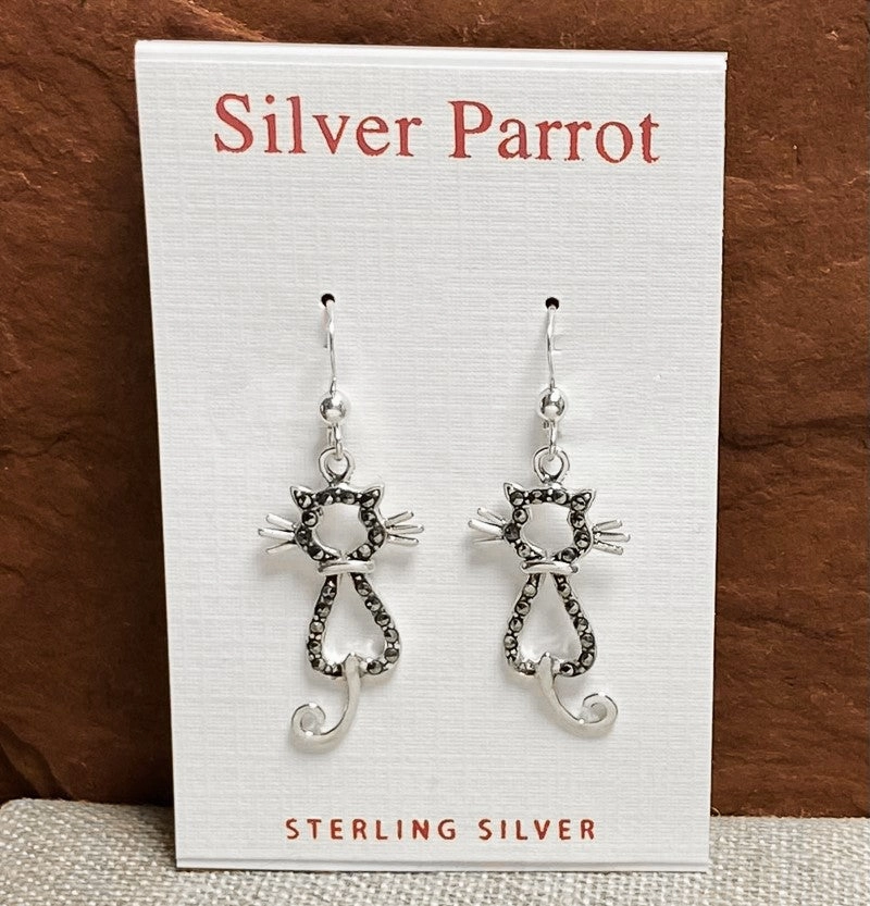 Sterling Silver and Marcasite Cat Earrings Effortless Look Shiny Jewelry Touch