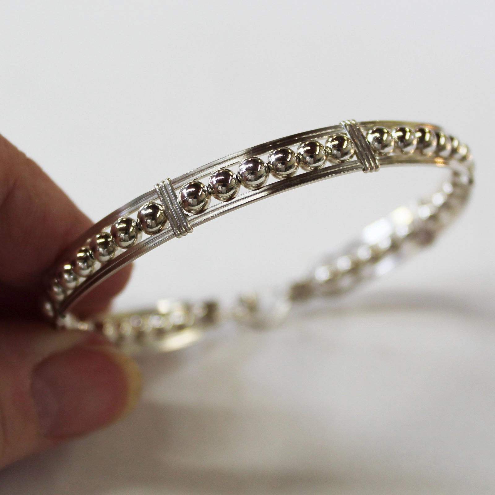 Adjustable Feature Sterling Silver Beads Wire Wrapped Stackable Bracelet