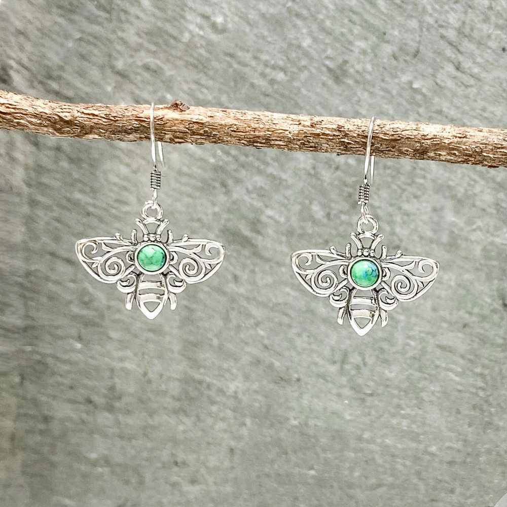Premium Craft Sophisticated Touch Sterling Silver Bee Earrings With Turquoise