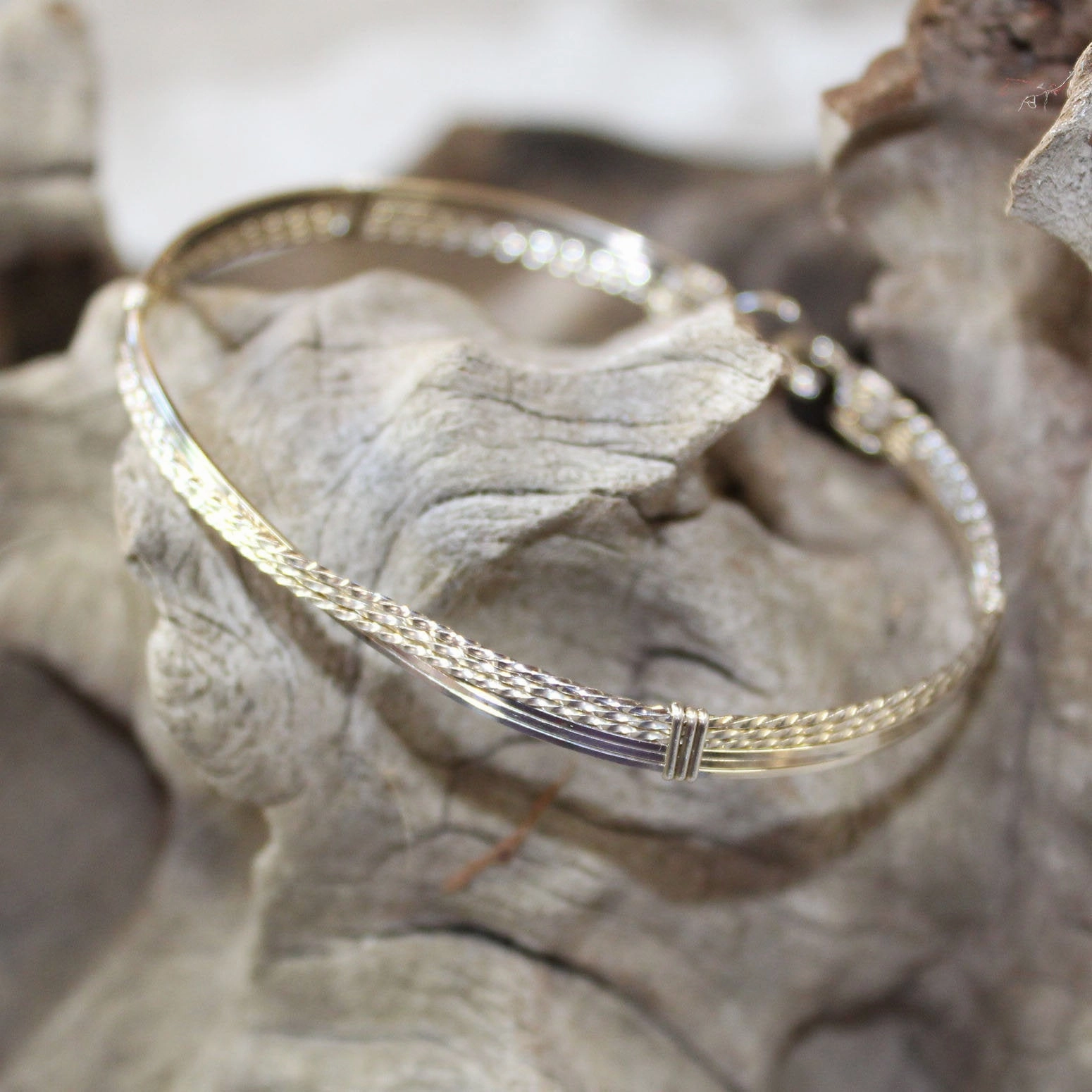 Sterling Silver Crossover Wire Wrapped Stackable Bracelet  SSSTTT Broad Blends Glamorous Finish