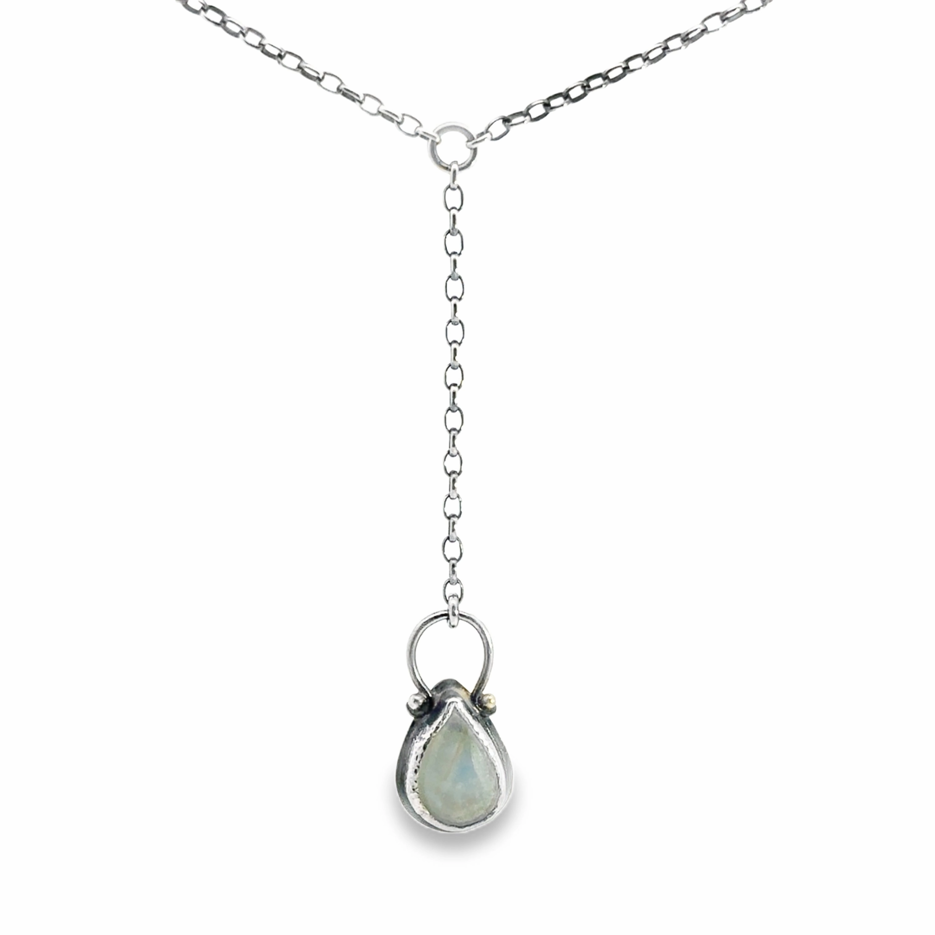 Sterling Silver Lariat Necklace with Rainbow Moonstone Precious Shine