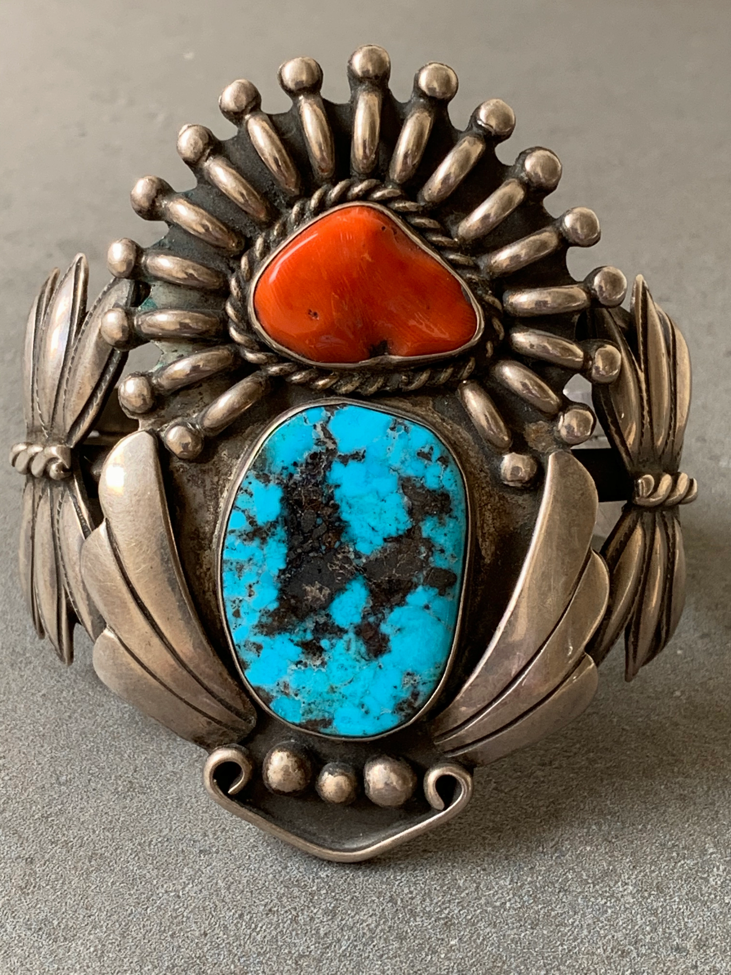 Sterling Silver Natural Mediterranean Coral Turquoise Cuff Handemade Sun Kissed