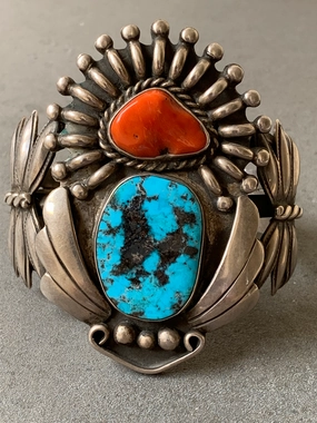 Sterling Silver Natural Mediterranean Coral Turquoise Cuff Handemade Sun Kissed