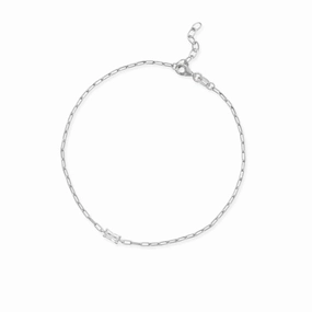 Balanced Highlight Sterling Silver Paperclip Chain Anklet with Baguette Cubic Zirconia Adjustable Length, 11