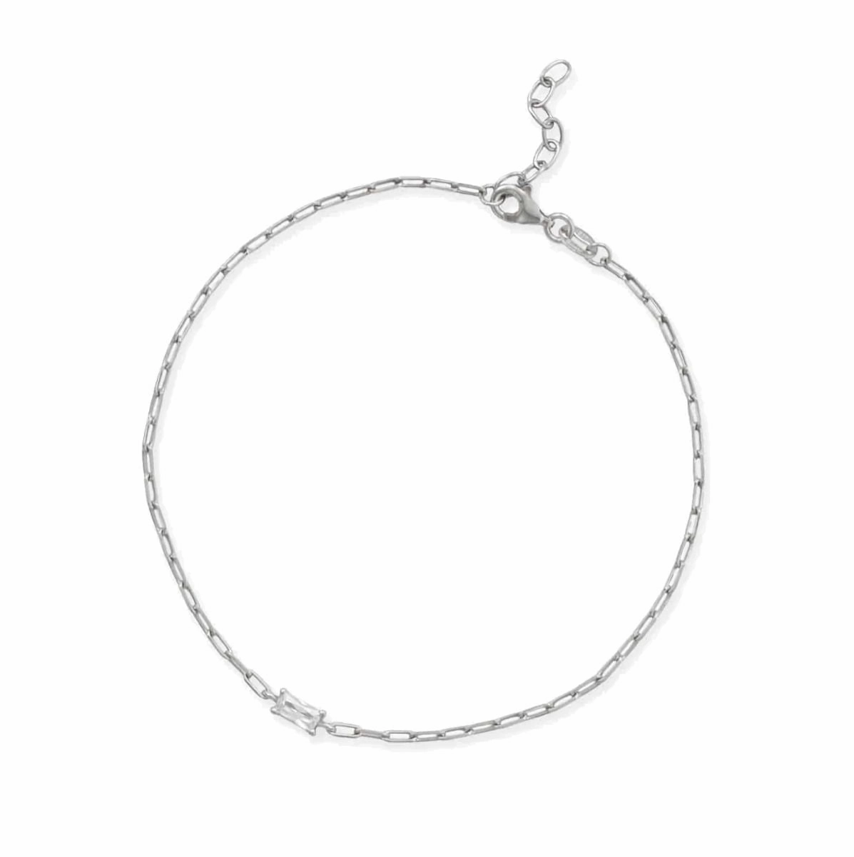Sterling Silver Paperclip Chain Anklet with Baguette Cubic Zirconia Adjustable Length, 9 Elegant Edge Refined Shine