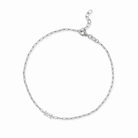 Sterling Silver Paperclip Chain Anklet with Baguette Cubic Zirconia Adjustable Length, 9 Elegant Edge Refined Shine