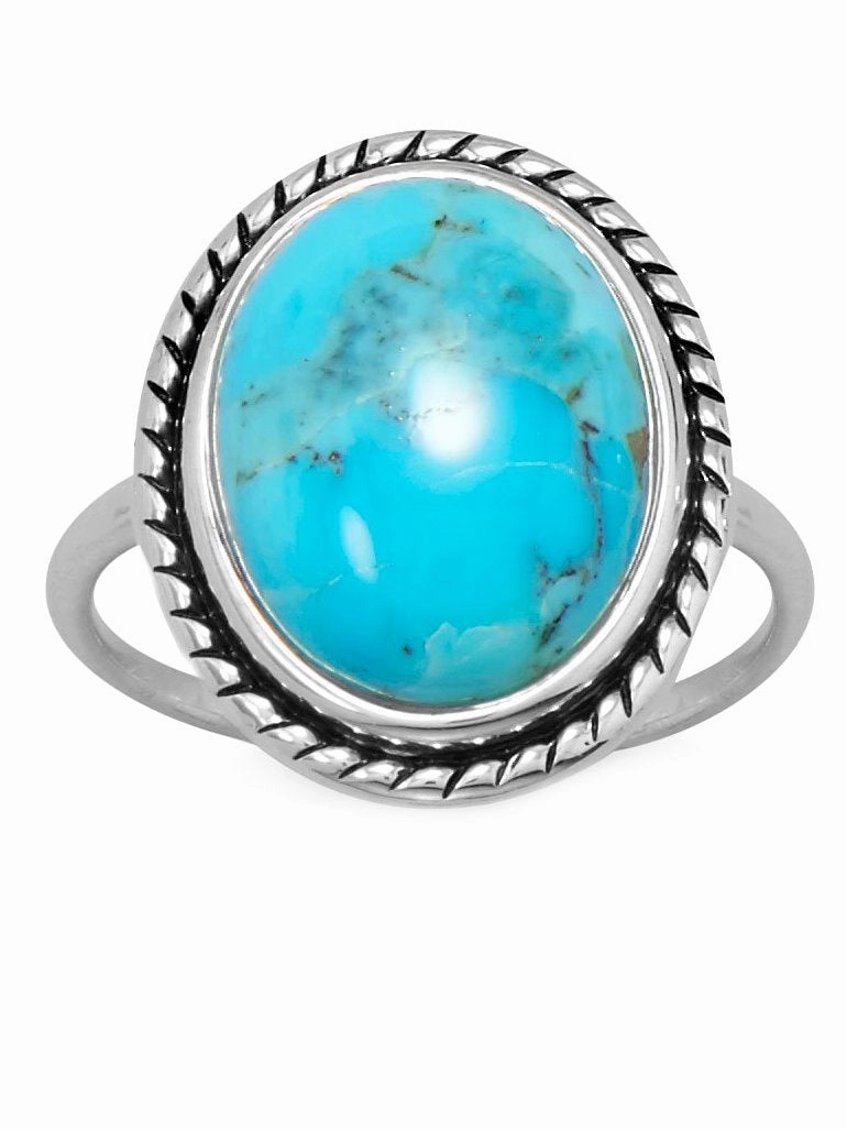 Premium Style Attractive Appearance Sterling Silver Reconstituted Turquoise Ring with Rope Design Frame
