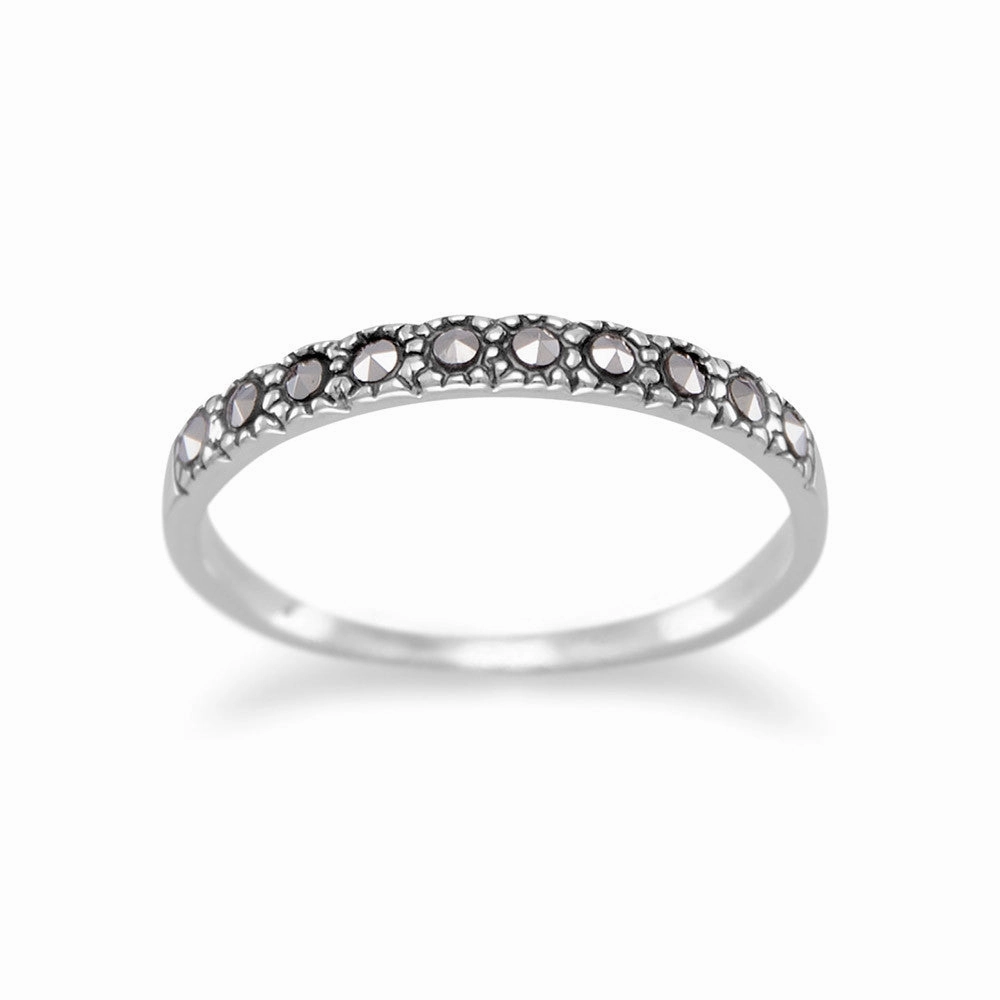 Minimalist Decoration Sterling Silver Stackable Band Ring with Ten Marcasite Stones 2mm Wide