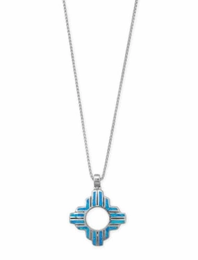 Sterling Silver Synthetic Blue Opal Zia Sun Symbol Pendant Necklace, Box Chain, Southwest Native American Style Natural Detail Delicate Layer