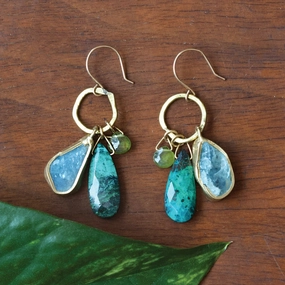 Lure Earrings - Brass, Aquamarine, Vesuvianite   Chrysocolla Everyday Embellishment Industrial Embellishment