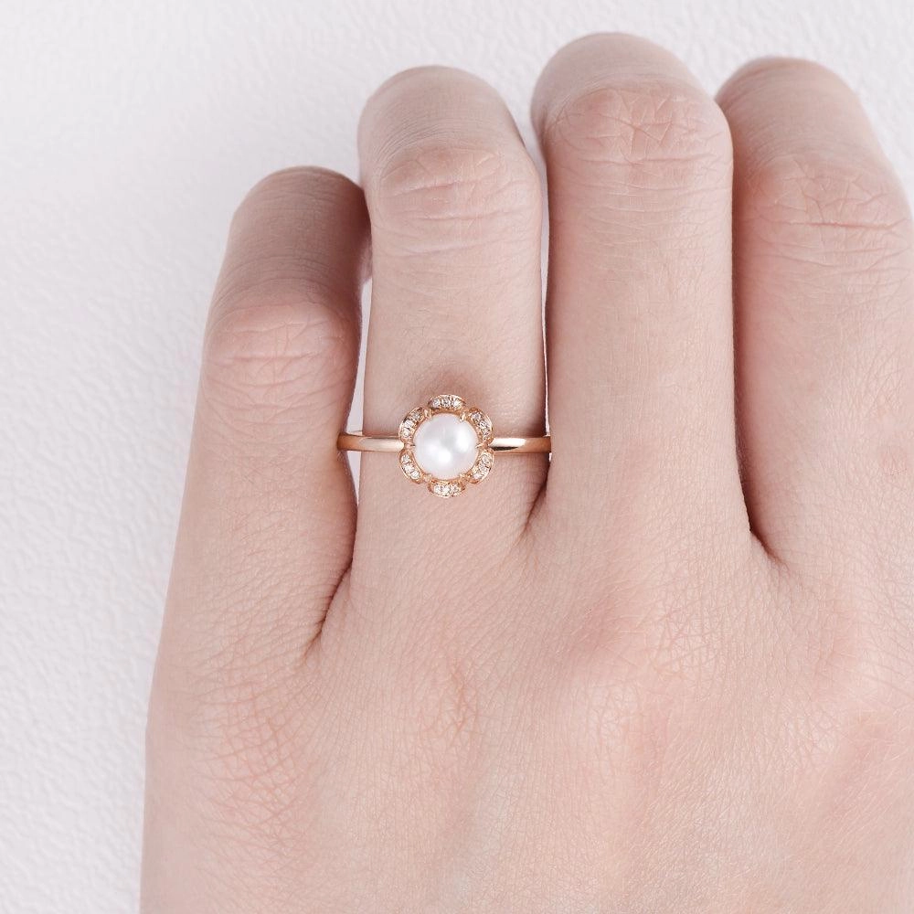 6mm Akoya Pearl Rose Gold Ring Unique Shape