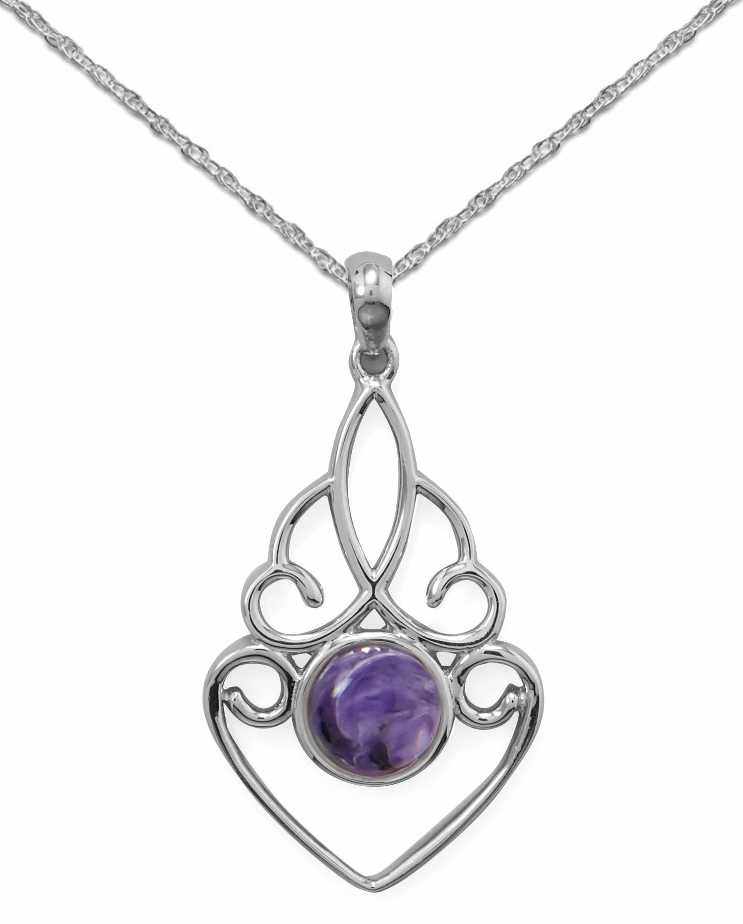 Radiant Jewelry Purple Charoite Pendant Necklace, Includes Rope Chain Sterling Silver