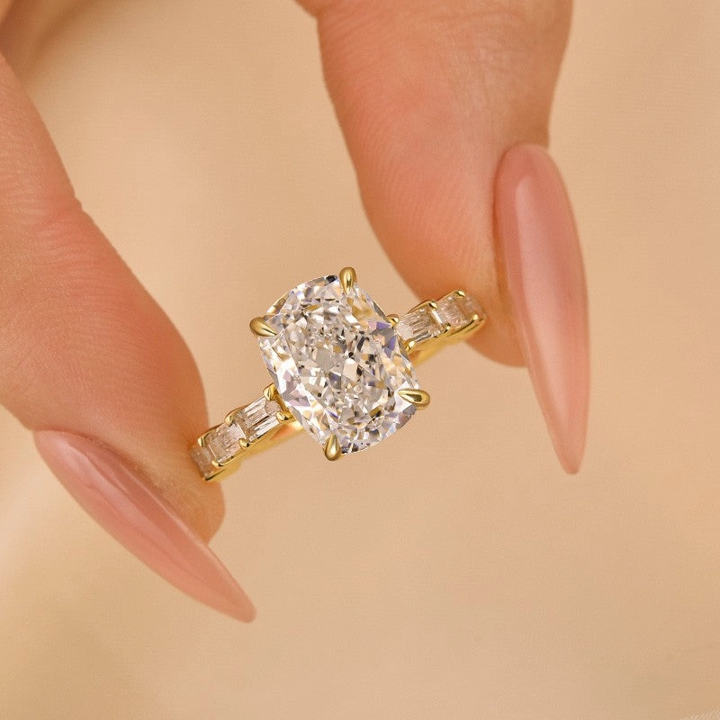 Stunning 4.0Ct Cushion Cut Yellow Gold Engagement Ring In Sterling Silver Sleek Shape Opulent Detail