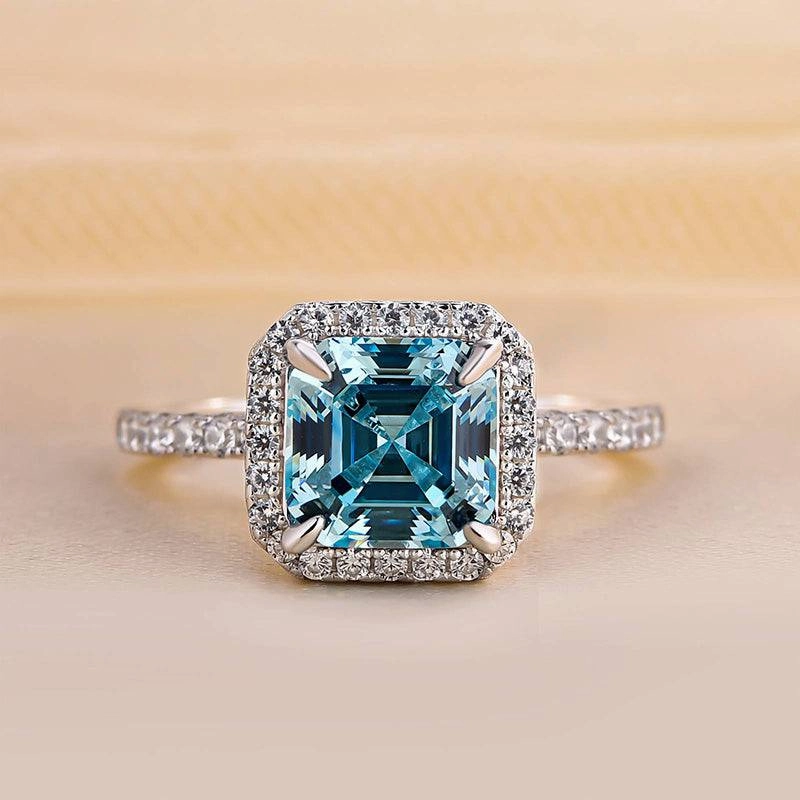 Louily Exclusive Halo Asscher Cut Light Aquamarine Blue Engagement Ring In Sterling Silver Fresh Form Signature Look