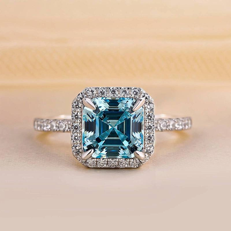 Gift Moment Louily Exclusive Halo Asscher Cut Light Aquamarine Blue Engagement Ring In Sterling Silver