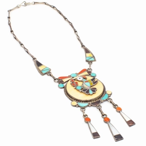 Birthday Present Theodore Edaakie Zuni Handmade Multi-Inlay Sterling Silver Necklace