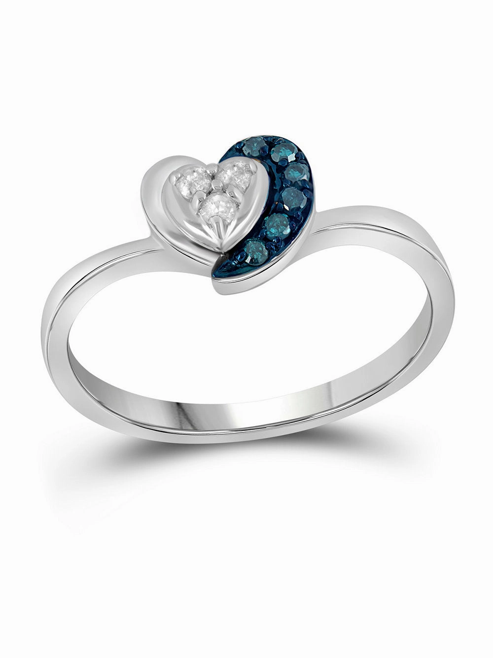 Custom Article Girlfriend Gift Blue and White Diamond Heart Ring Rhodium on Sterling Silver Genuine Diamonds
