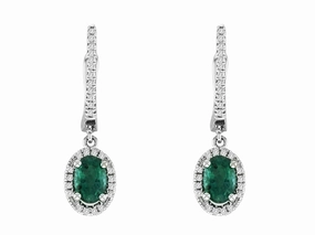 Oval Shape Emeralds and Diamond Dangle Earrings in 14K White Gold (.94ctw) Night Decoration Dainty Item