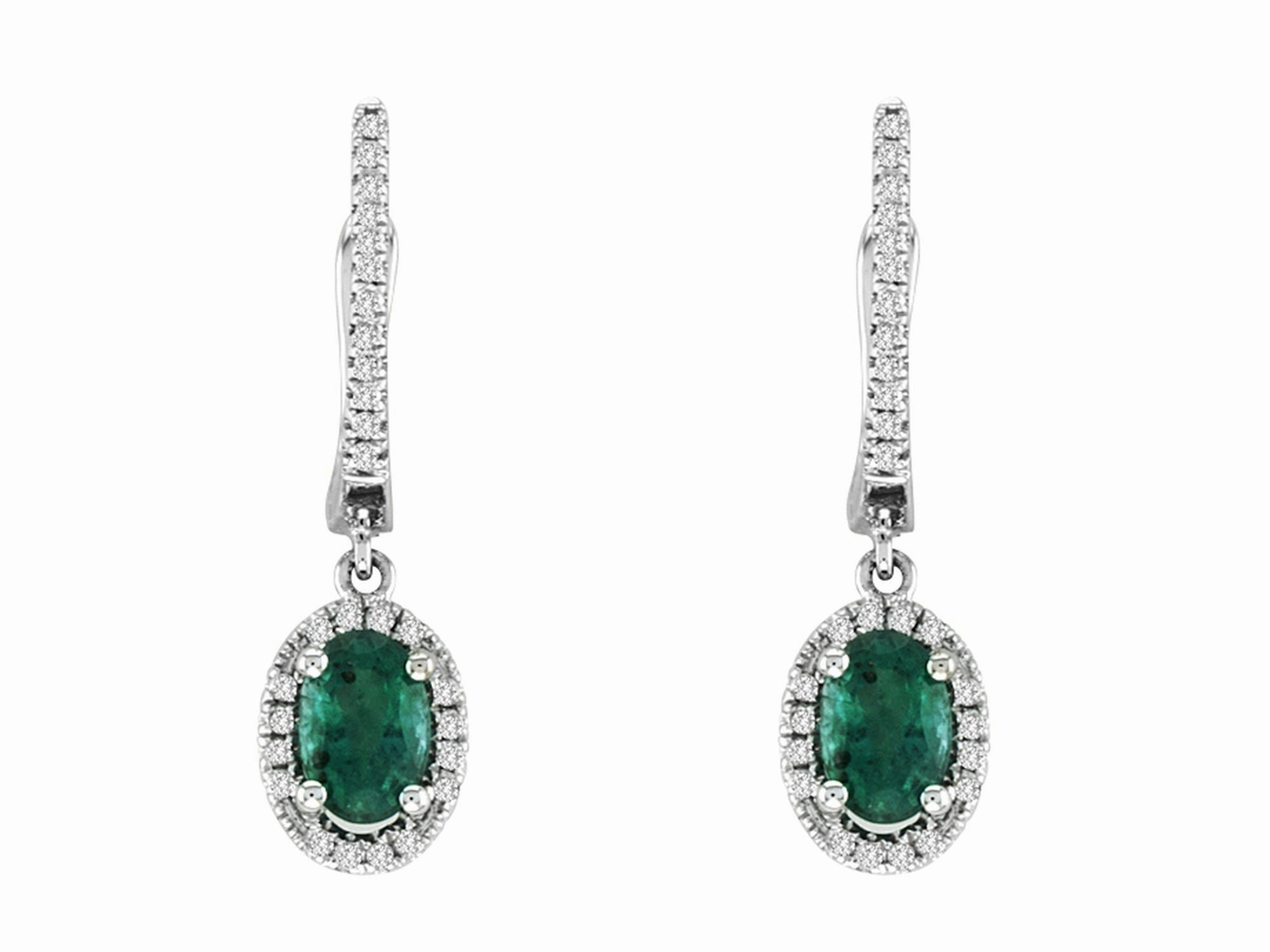 Oval Shape Emeralds and Diamond Dangle Earrings in 14K White Gold (.94ctw) Night Decoration Dainty Item