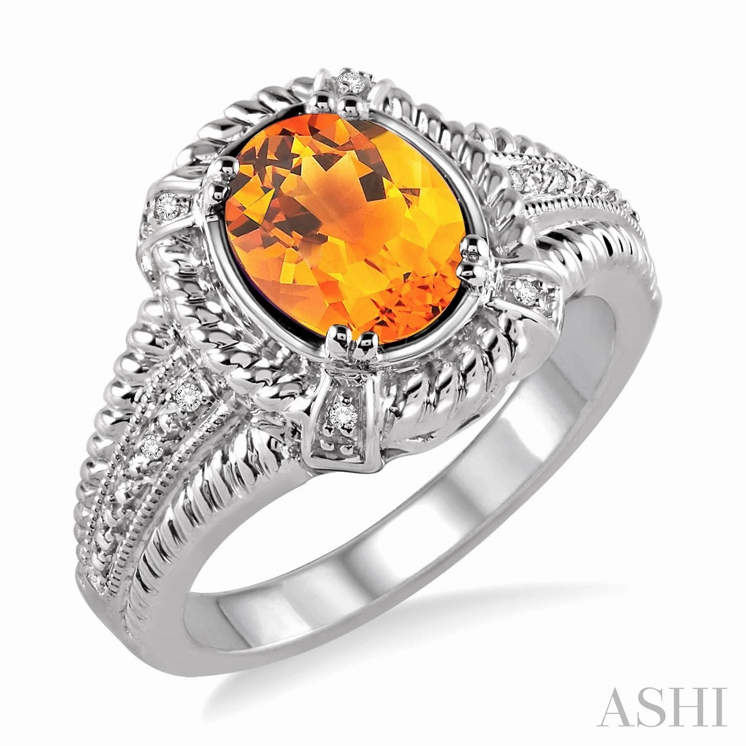 Silver Oval Shape Citrine & Diamond Ring Luxurious Accessory