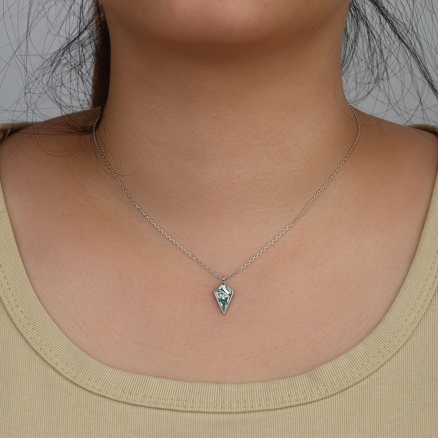 Inspired Minimalist Kite Moss Agate Necklace Refined Shape Creative Form