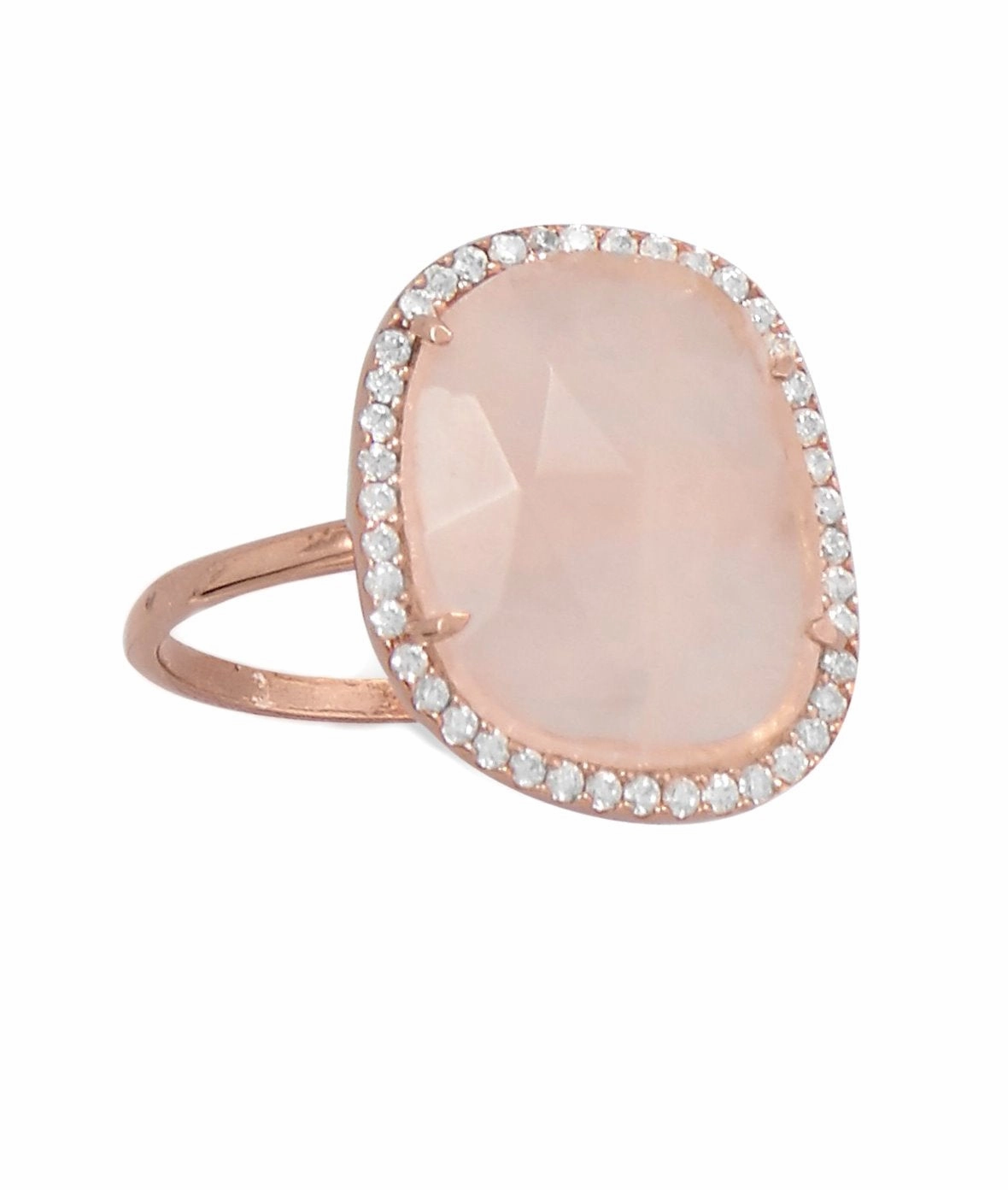 Celebration Jewelry Rose Quartz Ring Pink Gold-plated Silver with Cubic Zirconia Halo