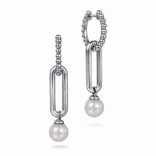 925 Sterling Silver Pearl Bujukan Huggie Drop Earrings Distinctive Finish Camera Ready