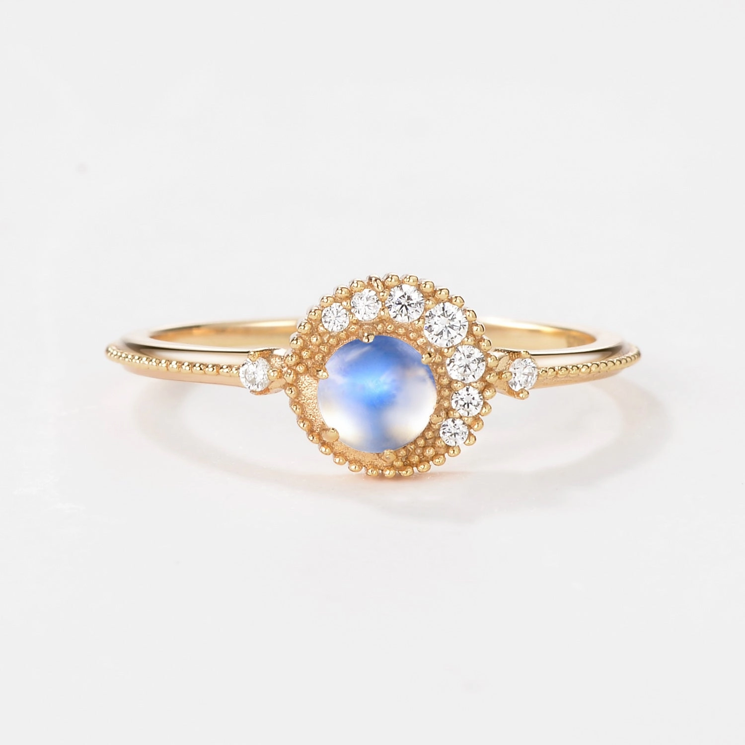 Exclusive piece Star Detail Vintage Moonstone Round Cut Half Moon Six-prong Ring
