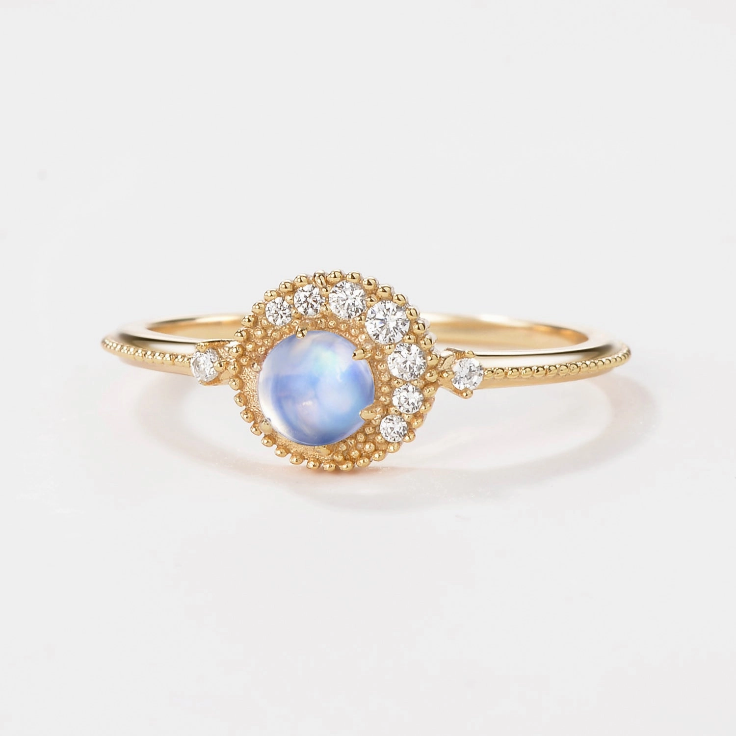 Radiant Touch Pieces Vintage Moonstone Round Cut Half Moon Six-prong Ring