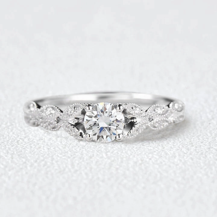 Round Cut Vintage Moissanite Engagement Ring Petite Accent Shine Effect