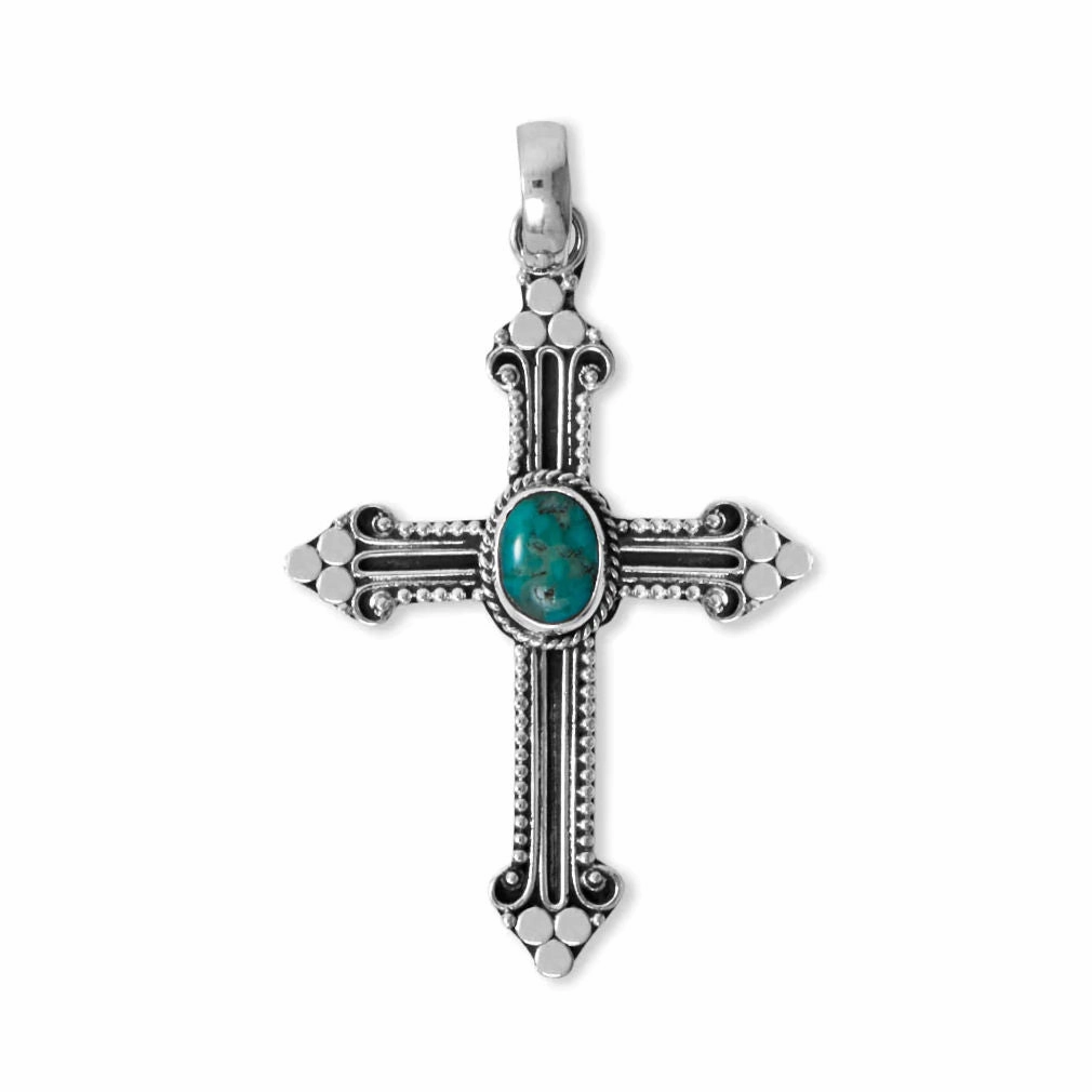 Turquoise Center Cross Pendant Handmade in Bali Sterling Silver with Oxidized Finish, Pendant Only Finest Touch