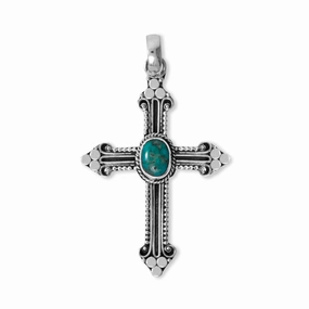 Turquoise Center Cross Pendant Handmade in Bali Sterling Silver with Oxidized Finish, Pendant Only Finest Touch
