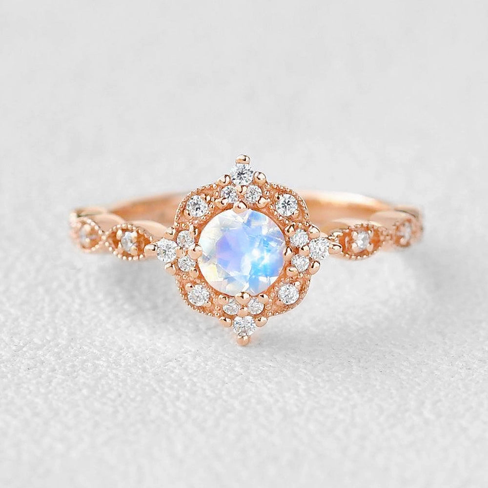 Moonstone & Moissanite Rose Gold Art Deco Ring Soft Tone