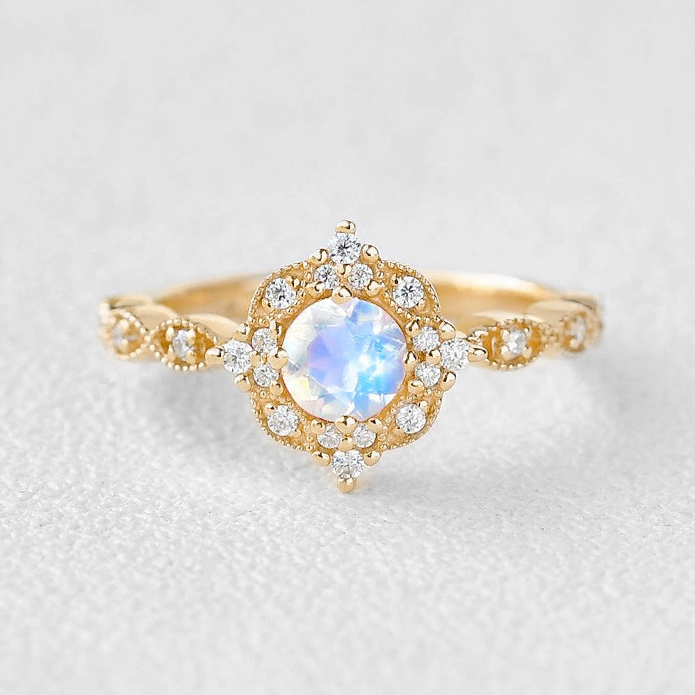 Muted Finish Moonstone & Moissanite Rose Gold Art Deco Ring