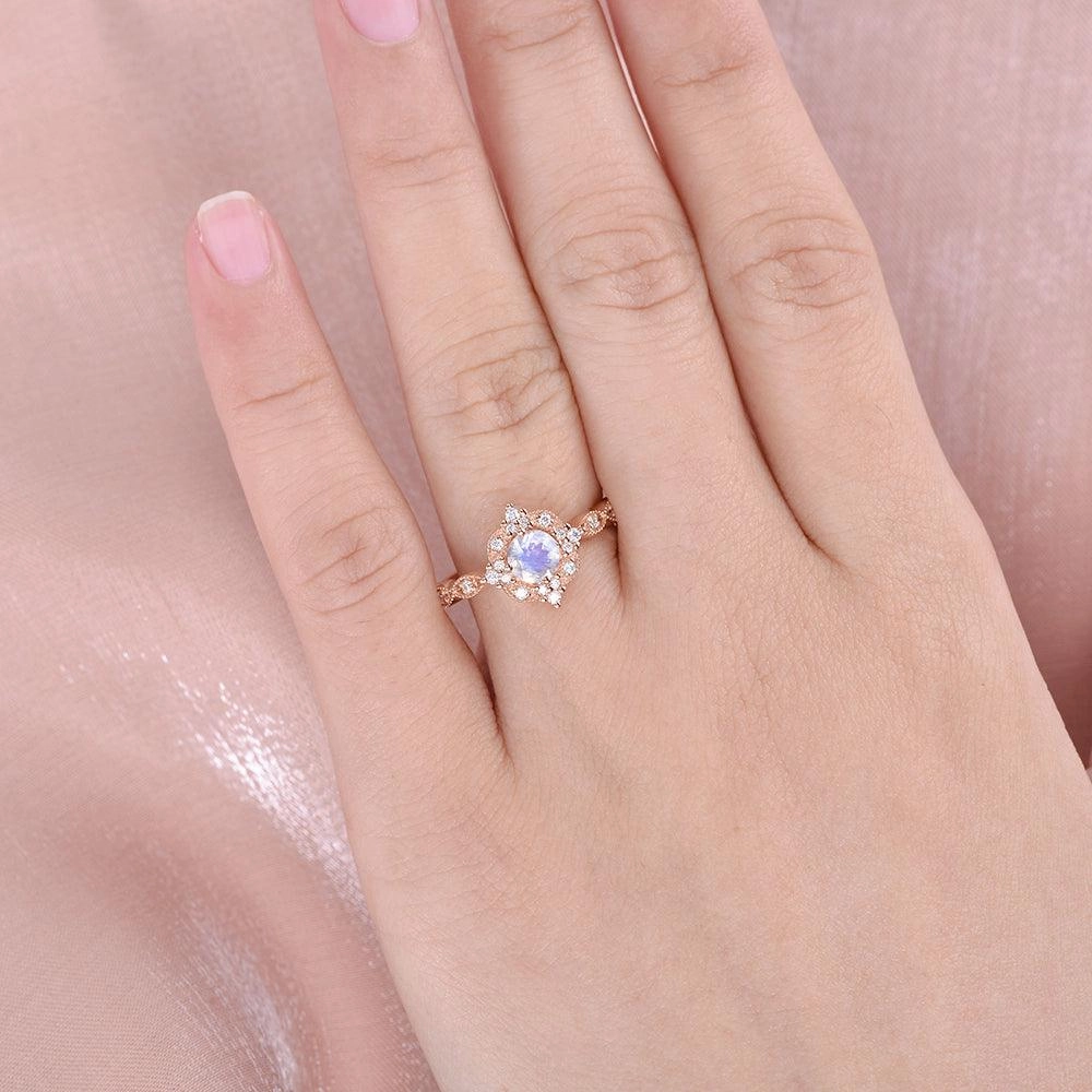 Luxury Style Moonstone & Moissanite Rose Gold Art Deco Ring