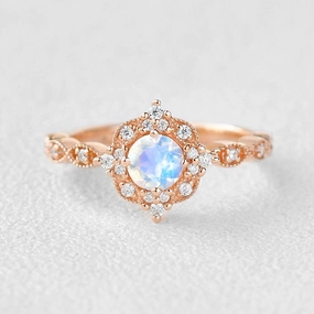 Moonstone & Moissanite Rose Gold Art Deco Ring Soft Tone