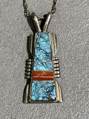 Silk Finish Antonio Yazzie Navajo Sterling Silver Inlaid Turquoise Pendant