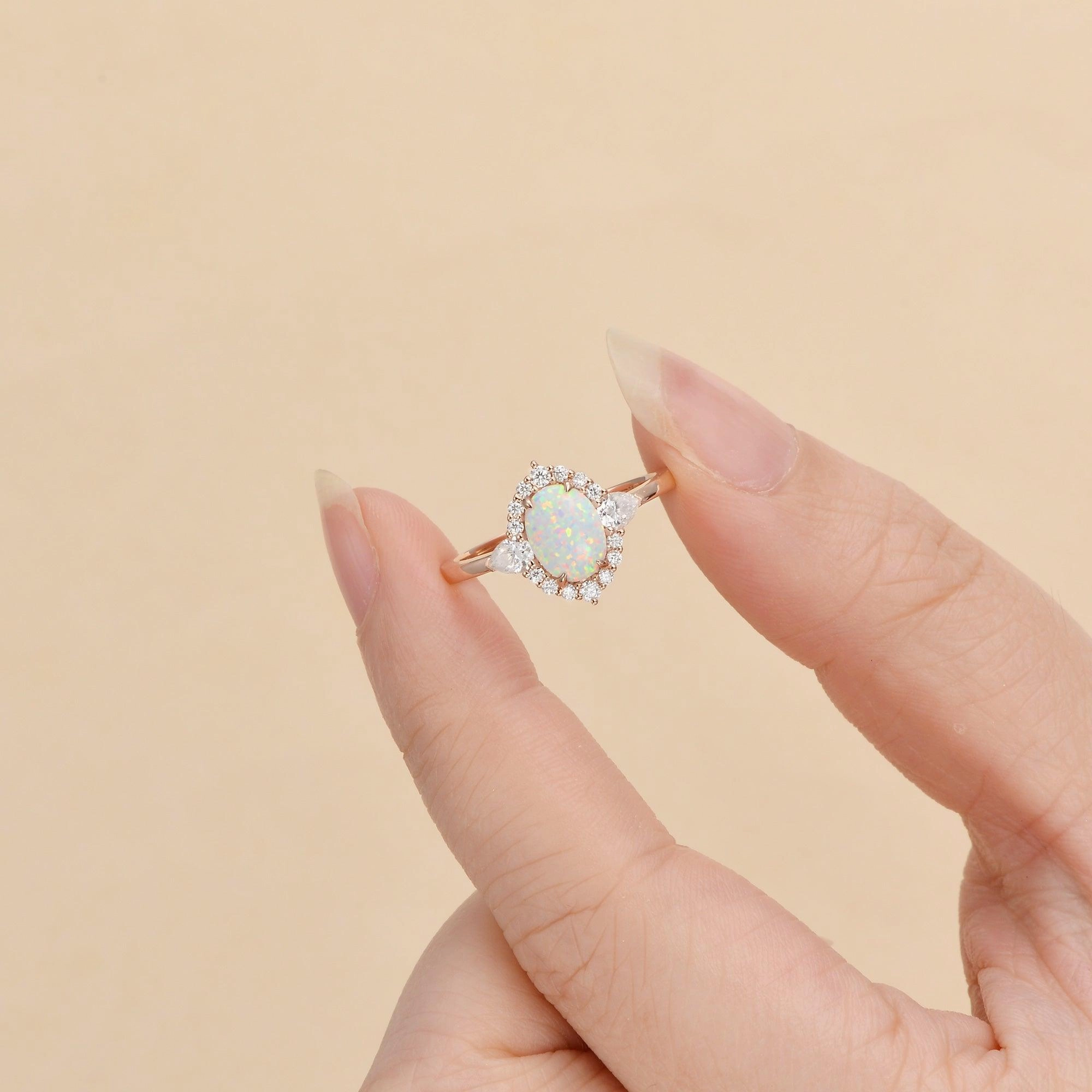 Lab Opal & Moissanite 14K Gold Ring Daytime Style