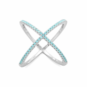 X Ring Criss Cross with Blue Cubic Zirconia Rhodium-plated Sterling Silver Perfect Gift Medieval Design